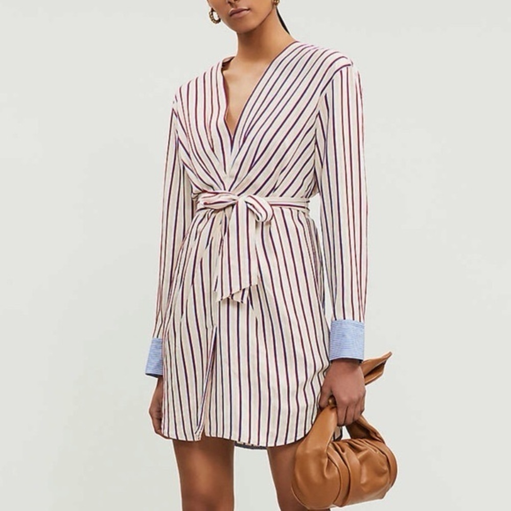 Sandro paige striped dress long sleeve vneck mini bordeaux